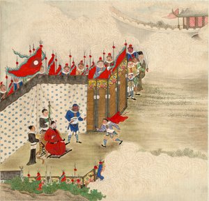 Chinesische Kunst: Ein chinesischer Prinz empfängt einen Boten, Tempera auf Seide, chinesische Schule um 1820, Maße 24,6x23,7 cm, Privatsammlung