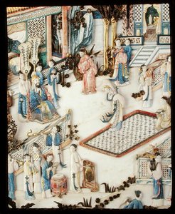Detail eines Panels, das einen Würdenträger zeigt, der eine Tänzerin beobachtet, Qianlong-Periode