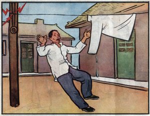 Zeichnung, die Gefahr der Elektroschocks durch das Aufhängen nasser Wäsche an elektrischen Kabeln. Illustration, in „How to use electricity safely“, China