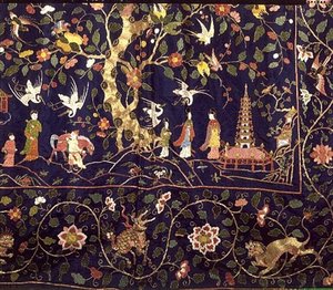 Bestickte Vorhänge vom Staatsbett in Calke Abbey, frühes 18. Jahrhundert (Detail) von School Chinese