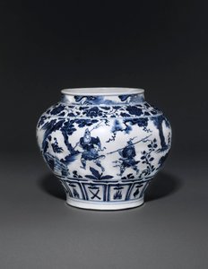 Außergewöhnlich seltener und wichtiger blau-weißer Krug, Guan Yuan Dynastie, Mitte des 14. Jahrhunderts