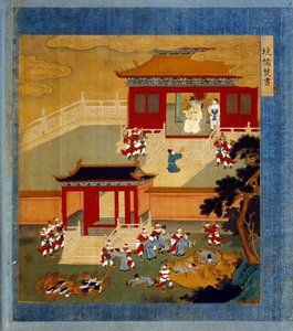Huang Ti (Huang-Ti auch Qin Shi Huangdi), Gründer der Qin-Dynastie (-260 bis -210) verbrannte alle chinesischen Bücher (Autodafé) und warf gebildete Menschen in eine Grube. Chi-Hoang ist der Erbauer der großen Mauer, die China von Tartaria trennt. Miniatur