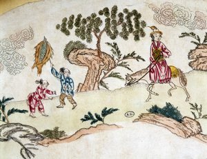 Edle Frau zu Pferd und Kinder, die Drachen steigen lassen - Chinesischer Druck, um 1800