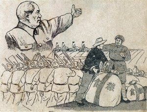 Präsident Mao (1893-1976) zeigt den chinesischen Bauern den Weg zur modernen Landwirtschaft. Illustration der Propaganda, in "Satirische Zeichnungen", Peking von School Chinese