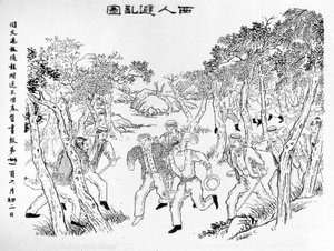 Boxeraufstand: Die Europäer fliehen vor den Boxern. Illustration veröffentlicht in der Zeitung von Shanghai Toung-Ouen-Hou-Pao. Um 1899