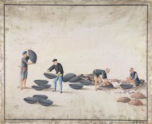 Nehmen Sie die Form weg und nehmen Sie die gute rundbodige Kochpfanne heraus, Herstellung von Gusseisen in China, ca. 1820