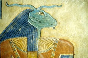 Altes Ägypten, Schnitzerei/Malerei, Widderköpfiger Gott der Unterwelt, Amon hir Khopshet Grab, Theben, 20. Dynastie