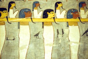 Altes Ägypten, Malerei, Götter der Unterwelt an Hathor, göttliche Kuh, gebunden, ziehen die Sonnenbarke, Grab des Ramses I., Theben von School Egyptian