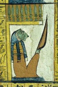 Altes Ägypten, Wandmalerei, Löwenköpfiger Gott der Unterwelt, Grab von Sennedjem, Theben, Deir el-Medina von School Egyptian