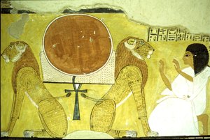 Altes Ägypten, Wandmalerei, Grab des Inherkhau, Theben, Inherkhau verehrt zwei Löwen, Wächter von heute und morgen, 20. Dynastie von School Egyptian