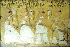 Altes Ägypten, Wandmalerei, Grab des Inherkhau, Theben, Grab der Edlen, 20. Dynastie, Priester gießen Trankopfer für Inherkhau von School Egyptian