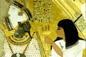 Altes Ägypten, Wandmalerei Grab von Inherkhau, Theben, Grab der Adligen, 20. Dynastie, Inherkhau bringt Osiris Opfergaben dar (Foto)