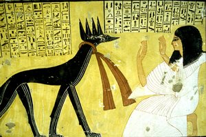 Altes Ägypten, Wandmalerei Grab von Inherkhau, Theben, Grab der Adligen, 20. Dynastie, Inherkhau verehrt die Schakalgötter von School Egyptian