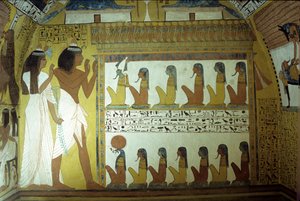 Altes Ägypten, Wandmalerei, Grab von Sennedjem, Wand, Sennedjem und seine Frau verehren die Götter der Unterwelt, Osiris, Horus, Theben, Deir el Medina
