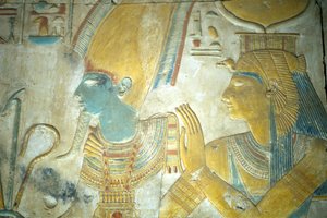 Altes Ägypten, Wandmalerei/Schnitzerei, Isis und Osiris, Tempel von Sethos I., Abydos von School Egyptian