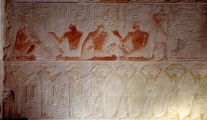 Kalksteinrelief, das Musiker aus der Kapelle von Mastaba in Akhethetep darstellt, um 2300 v. Chr. 5. Dynastie. Altes Reich. Aus Saqqara. Paris, Louvre Museum
