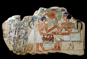 Ägyptische Antiquität: Iri-Stele aus Kalkstein. Ein Paar bringt ein Opfer dar. Erste Zwischenzeit (2200-2033 v. Chr.). Paris, Louvre von School Egyptian