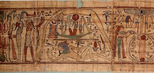 Ägyptische Antike Allegorie des Kosmos: Mythologisches Papyrus von Neskapashouty, Buchhalter der Getreide, darstellend Kosmogonie, mit Geb, Nout, Nephtys, Osiris von School Egyptian