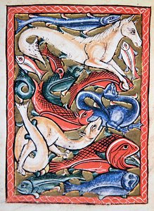 Fische und Meerestiere, Faksimile einer Miniatur aus einem Manuskript des 12. Jahrhunderts von School English