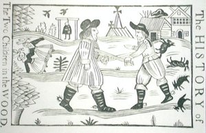 Die Geschichte der zwei Kinder im Wald, aus einer Sammlung von Chapbooks über Esoterik, 14.-17. Jahrhundert (Holzschnitt) von School English