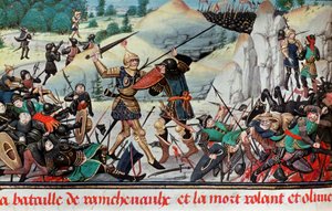 Tod des Ritters Roland, Neffe Karls des Großen, in der Schlacht von Roncevaux (778) zwischen der Armee Karls des Großen und den Sarazenen. Miniatur. Paris B.N. von School French