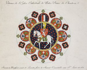Zeichnung des Rosenfensters in Chartres: Simon de Montfort (Farblithografie)