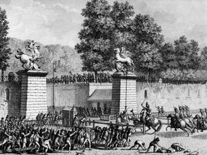 Erste der Französischen Revolution: Monsieur Charles Eugene de Lorraine, Prinz von Lambesc (1754-1825), betritt am 12. Juli 1789 mit einem Detachement der Royal German die Tuilerien, um die ersten Revolutionäre zu unterdrücken. Paris, Bibliothek des Instit von School French