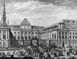 Französische Revolution: Pariser Rathaus, Parlament im November 1790 auf der Île de la Cité unter dem Vorsitz von Jean Baptiste Gaspard Bochart de Saron. Paris, Bibliothek des Instituts für Revolutionsgeschichte