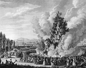 Französische Revolution: Gedenken an die Eroberung der Bastille am 14. Juli 1792 mit einem großen Scheiterhaufen, der die Symbole der Monarchie aus dem Tuilerienpalast verbrennt. Paris, Bibliothek des Instituts für Revolutionsgeschichte