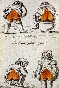 Alte Spielkarte: die vier Herzen - „Schöne kleine Kinder“, die ihre herzförmigen Gesäße zeigen. Musée de la Carte à Joueur, Issy-les-Moulineaux