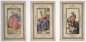 Alte Spielkarten mit dem König (blonder Mann), der Königin (blonde Frau) und dem Reiter (Ende) Tasse. Musée de la Carte à Jouier, Issy-les-Moulineaux von School French