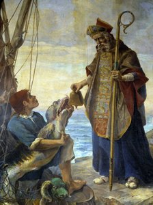 St. Pol de Leon erhält durch einen Fisch auf der Insel Batz die Glocke, die ihm König Mark in Ouessant verweigert hatte, um 530 - Gemälde der Kirche von Morlaix
