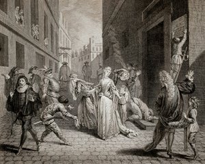 Terror (1793-1794): Italienische Komödianten werden aus Paris vertrieben. Gravur von School French