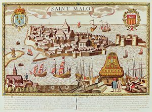 Ansicht des Hafens und der befestigten Stadt Saint Malo, an der Küste der Bretagne gelegen von School French