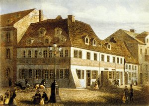 Geburtsort des Komponisten Robert Schumann in Zwickau, Sachsen (Farbstich) von School German