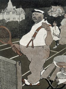 Tennis: dicker Mann, rauchend und Alkohol trinkend, spielt Tennis - deutsche Karikatur