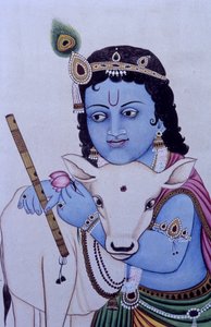 Lord Bal Krishna mit Kuh in Miniaturmalerei auf Papier