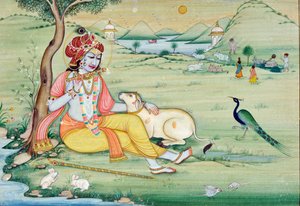 Miniaturmalerei von Krishna, der Flöte spielt von School Indian