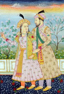 Miniaturmalerei des Mogulkaisers Shah Jahan mit Ehefrau Mumtaz Mahal von School Indian