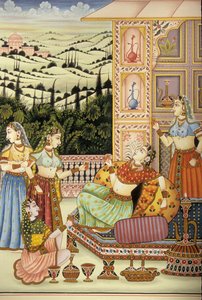 Miniaturmalerei einer Mughal-Dame, die ein Getränk genießt, Indien von School Indian