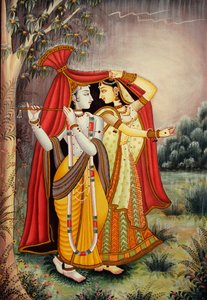 Radha Krishna Miniaturmalerei im Monsun auf Papier