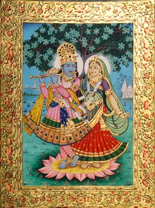 Radha Krishna Miniaturmalerei auf Papier mit Goldprägung