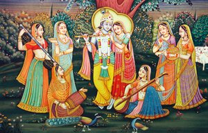 Radha Krishna mit Sakhis genießen Musik