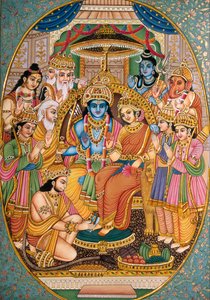 Ram-Darbar mit anderen Göttern Miniaturmalerei auf Papier von School Indian