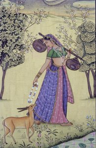 Frau mit Rudra Veena und Blumengirlande Miniaturmalerei, Indien von School Indian