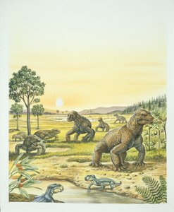 Anomodonten, Vordergrund, Pareisaurier, links, und Dinocephalier, rechts, Paläozoikum, Perm-Periode