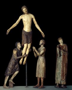 Kreuzabnahme. St. Johannes, St. Joseph von Arimathäa, St. Nikodemus um Jesus Christus tot. Holzschnitzerei. Italienische anonyme Schule des Mittelalters. Paris, Louvre Museum von School Italian