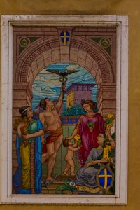 Mosaik an der Fassade eines Gebäudes in Corso Emanuele II, neben der Banca Agricola Mantovana, Mantua (UNESCO-Welterbeliste, 2008), Lombardei, Italien