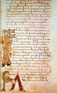 Heiliger Matthäus; Buchstabe M (Kopf des Löwen von St. Markus). Seite im Sakramentar von Gellone, Folio 42. Illuminierte von David, ca. 790, Frankreich, Meaux oder Cambrai. BN, Paris von School Merovingian