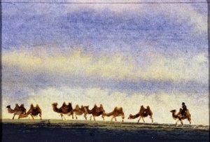 Kamelherde, Mongolei - Mongolische Aquarellmalerei